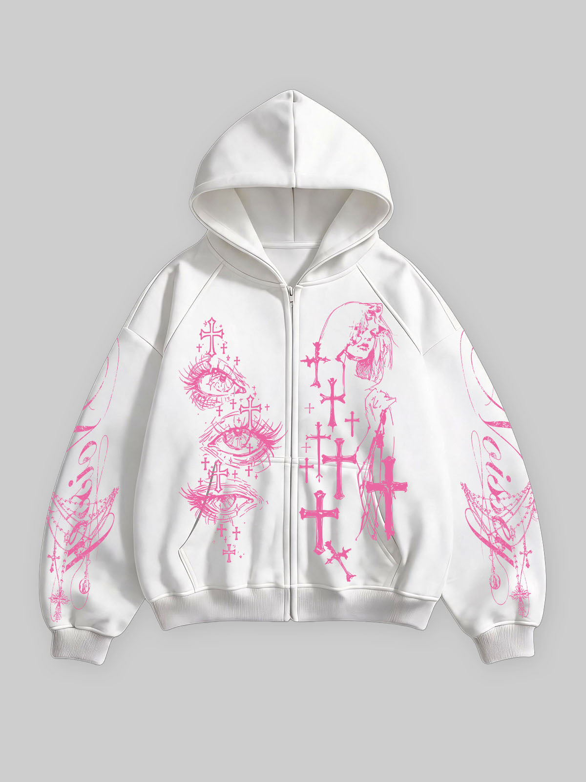 Pembe Haç Göz Beyaz Unisex Fermuarlı Sweatshirt