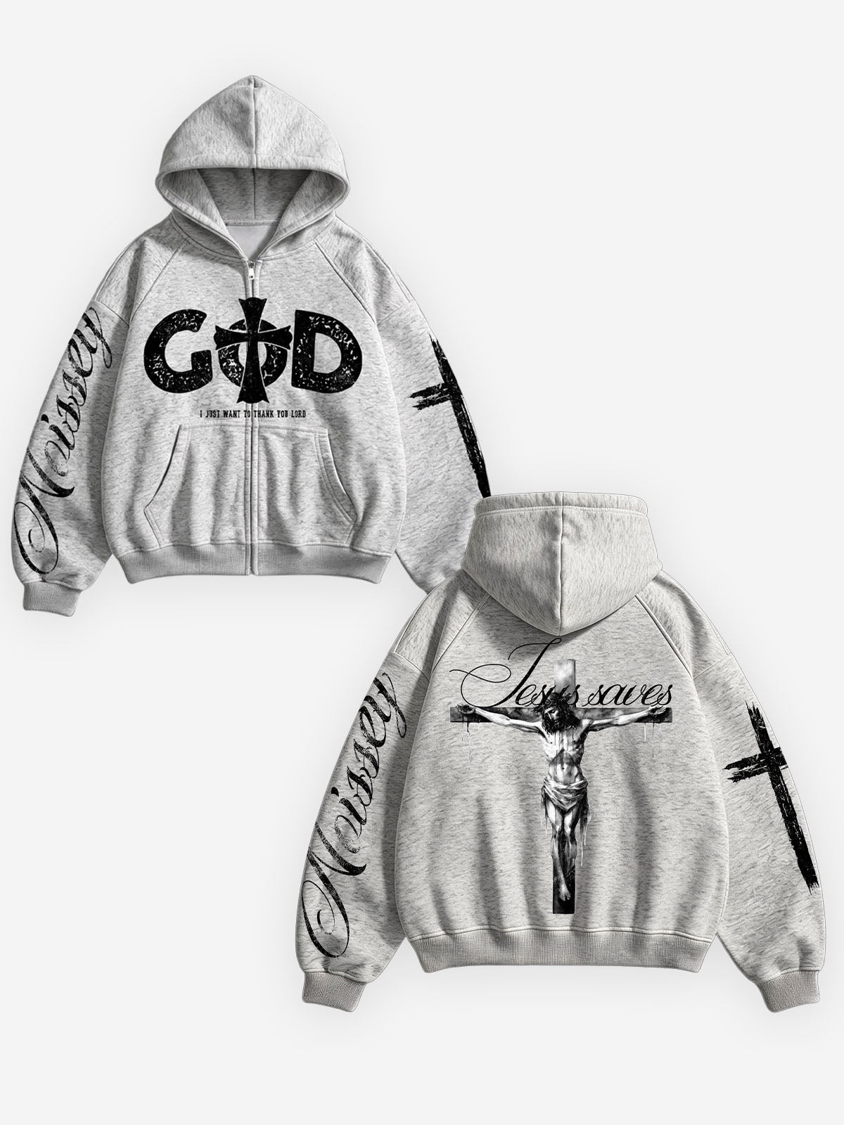 Eskitme Dini Haç Melanj Gri Unisex Fermuarlı Sweatshirt