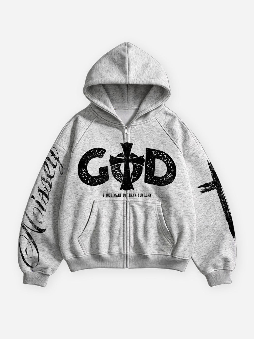 Eskitme Dini Haç Melanj Gri Unisex Fermuarlı Sweatshirt