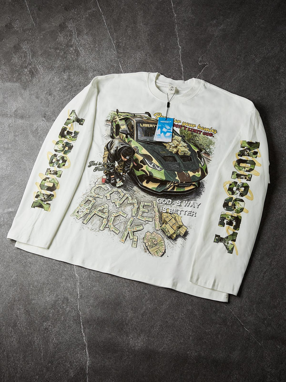 Camo Supercar & Cash Beyaz Unisex Uzun Kollu Tişört