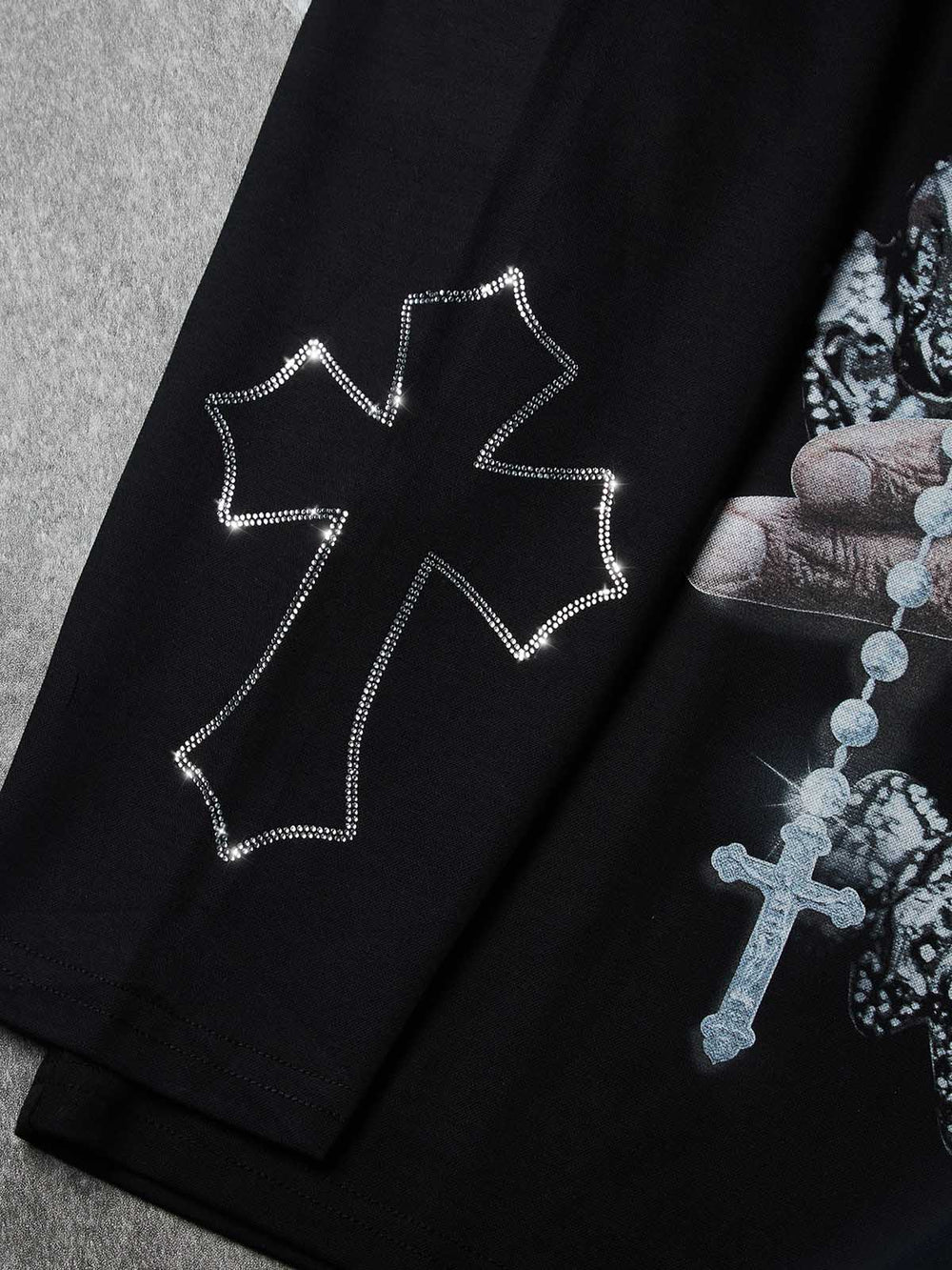Iced-out Rosary Siyah Unisex Uzun Kollu Tişört