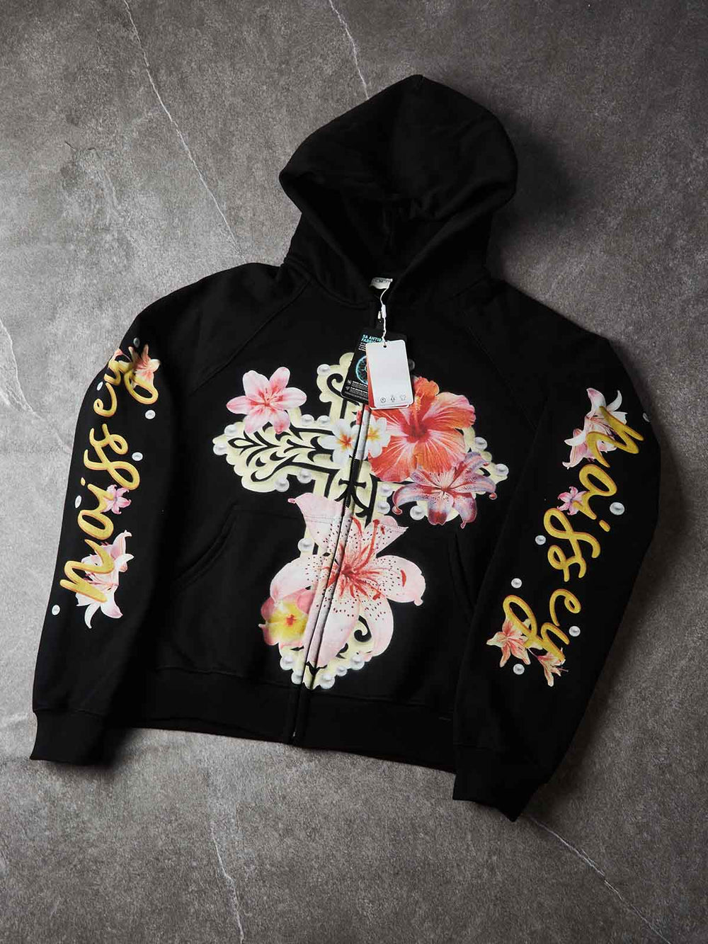 Çiçekli Haç Siyah Unisex Fermuarlı Sweatshirt