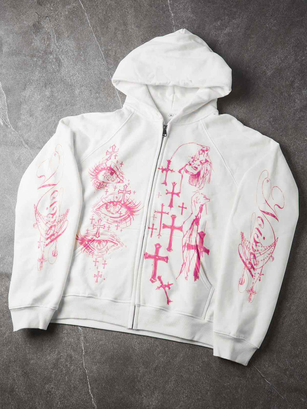 Pembe Haç Göz Beyaz Unisex Fermuarlı Sweatshirt