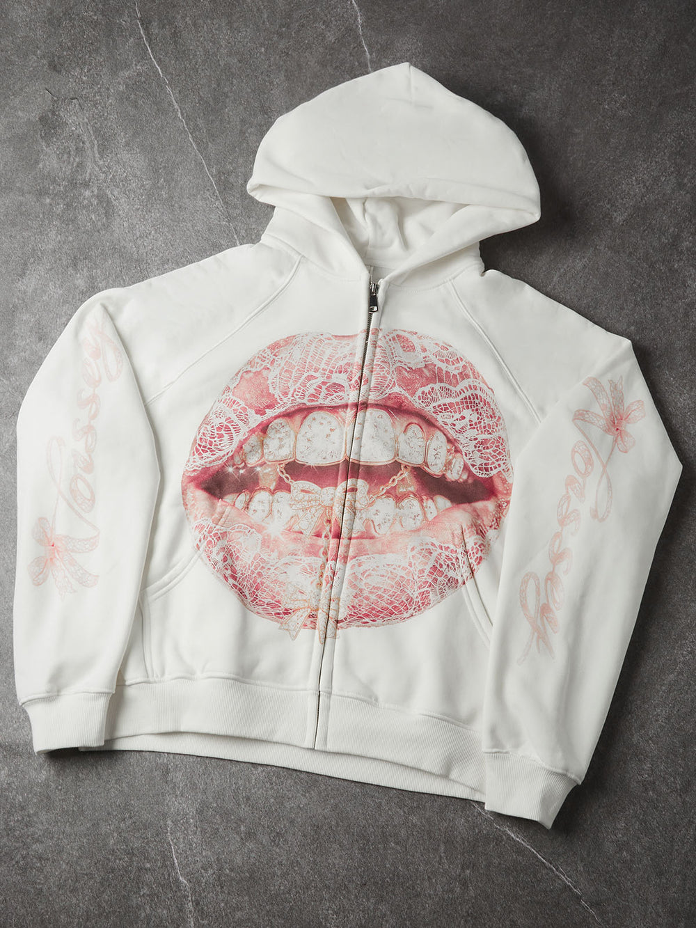 Pembe Fiyonk Dudak Beyaz Unisex Fermuarlı Sweatshirt