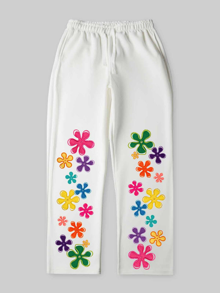 Renkli Çiçekli Grafiti Beyaz Unisex Eşofman Altı