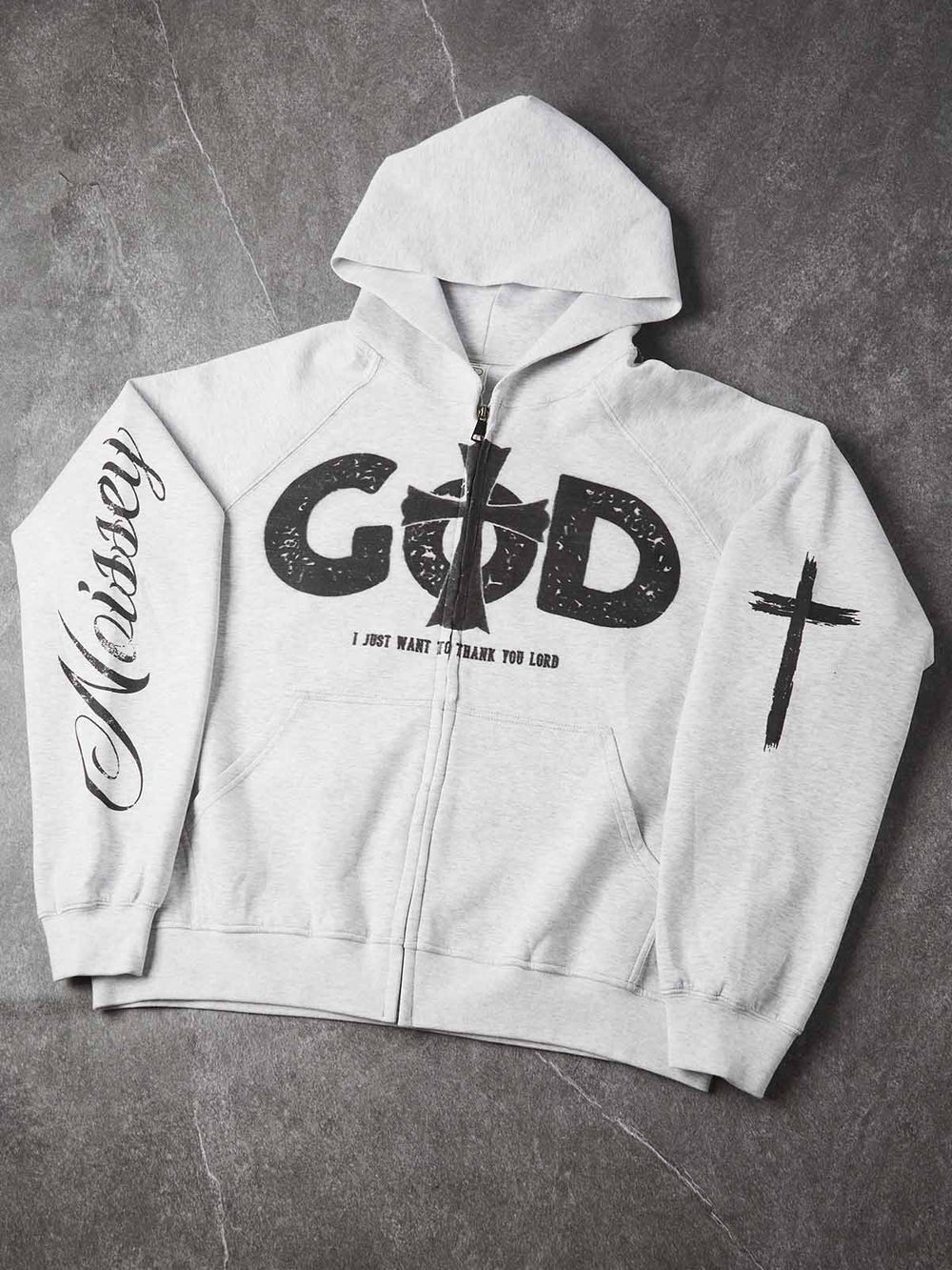 Eskitme Dini Haç Melanj Gri Unisex Fermuarlı Sweatshirt