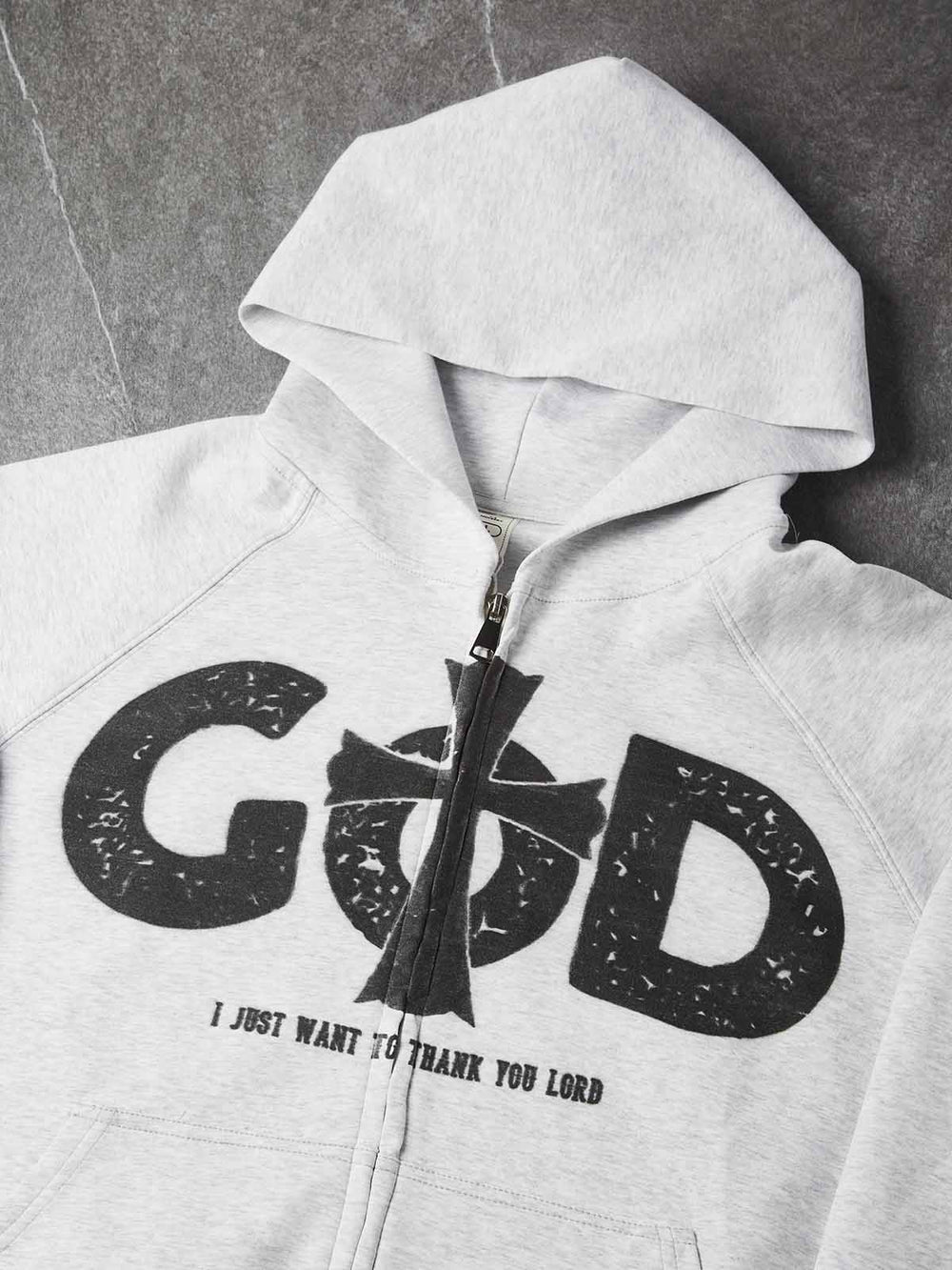Eskitme Dini Haç Melanj Gri Unisex Fermuarlı Sweatshirt