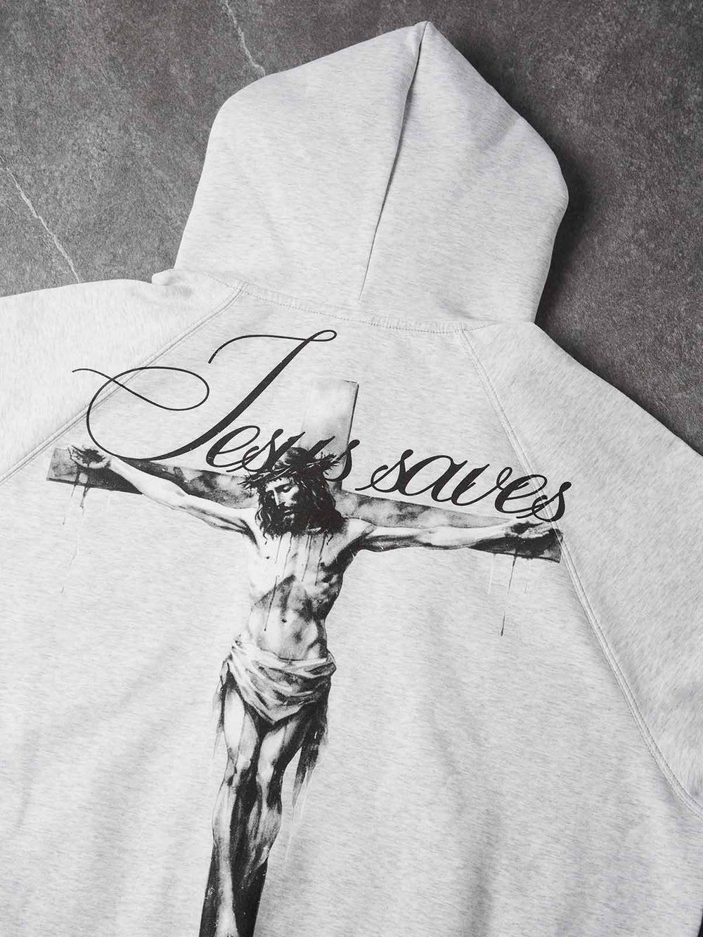 Eskitme Dini Haç Melanj Gri Unisex Fermuarlı Sweatshirt