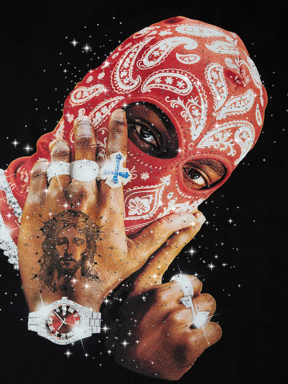 Kırmızı Bandana Maske Siyah Unisex Tişört