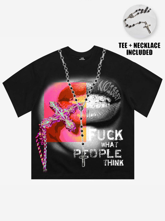 Haç Tespih Dudak Siyah Unisex Tişört