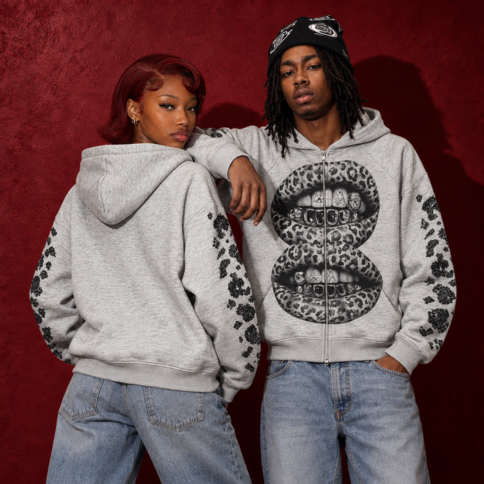 Double Leopard Lips Melanj Gri Unisex Fermuarlı Sweatshirt