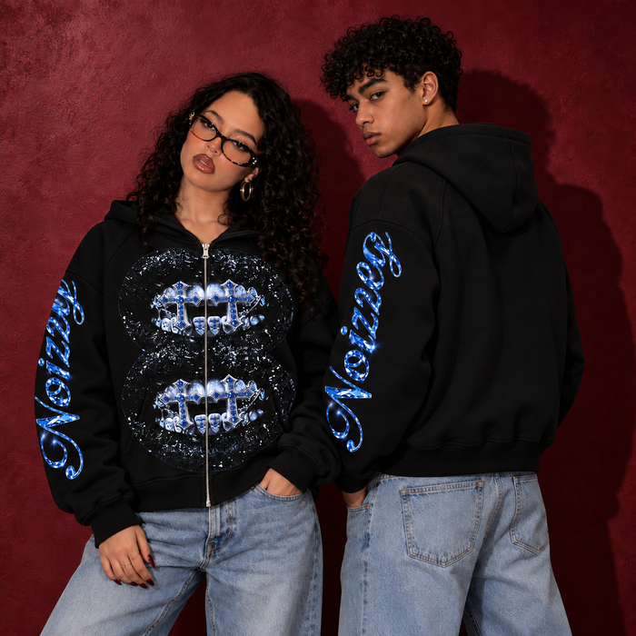 Double Blue Diamond Cross Siyah Unisex Fermuarlı Sweatshirt