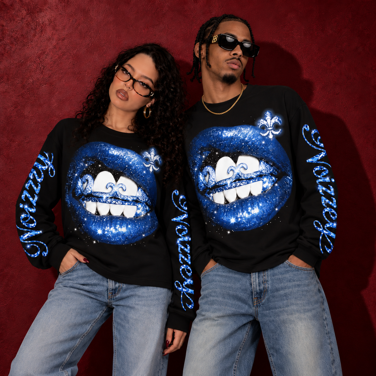 Fleur-de-Lis Blue Diamond Siyah Unisex Uzun Kollu Tişört
