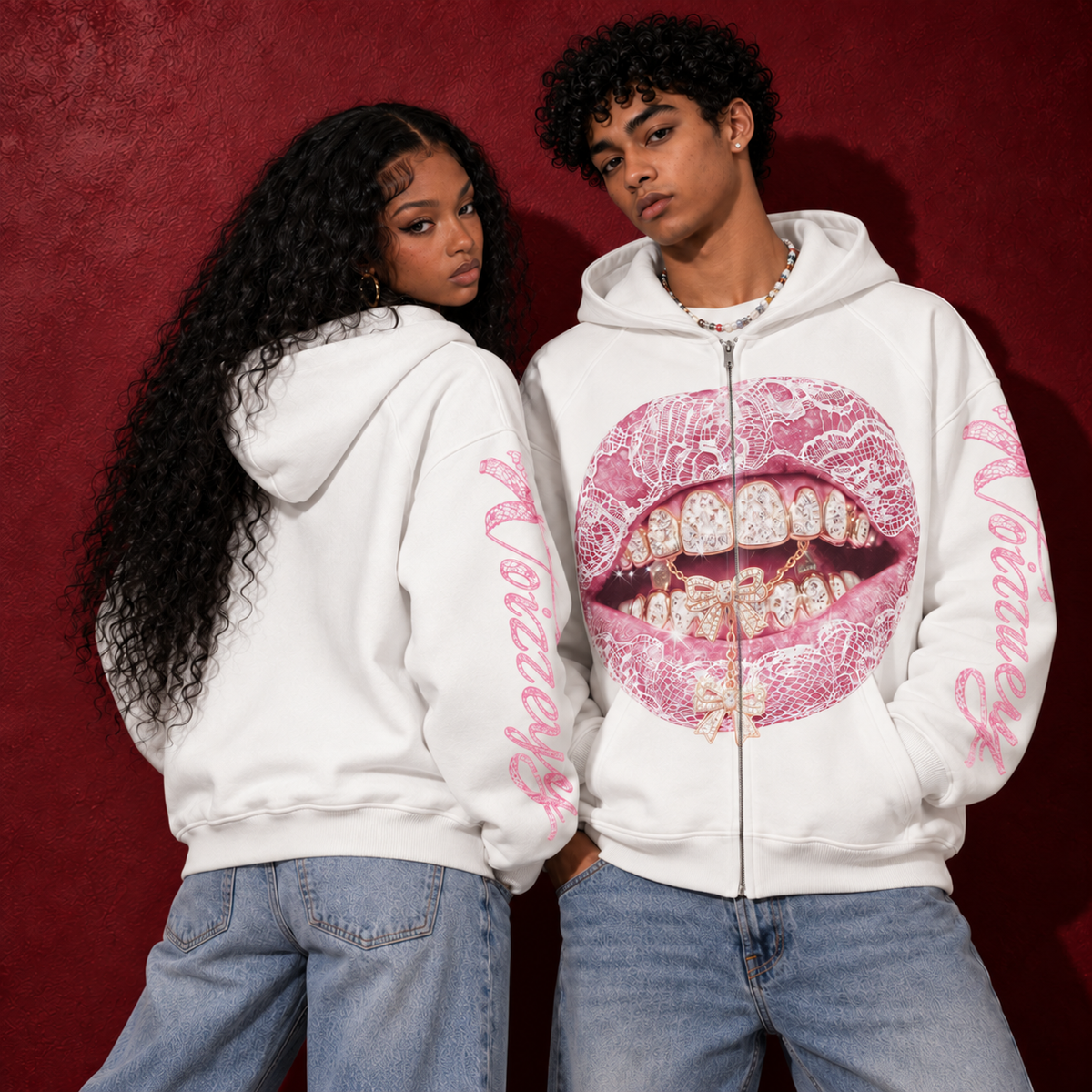 Pembe Fiyonk Dudak Beyaz Unisex Fermuarlı Sweatshirt