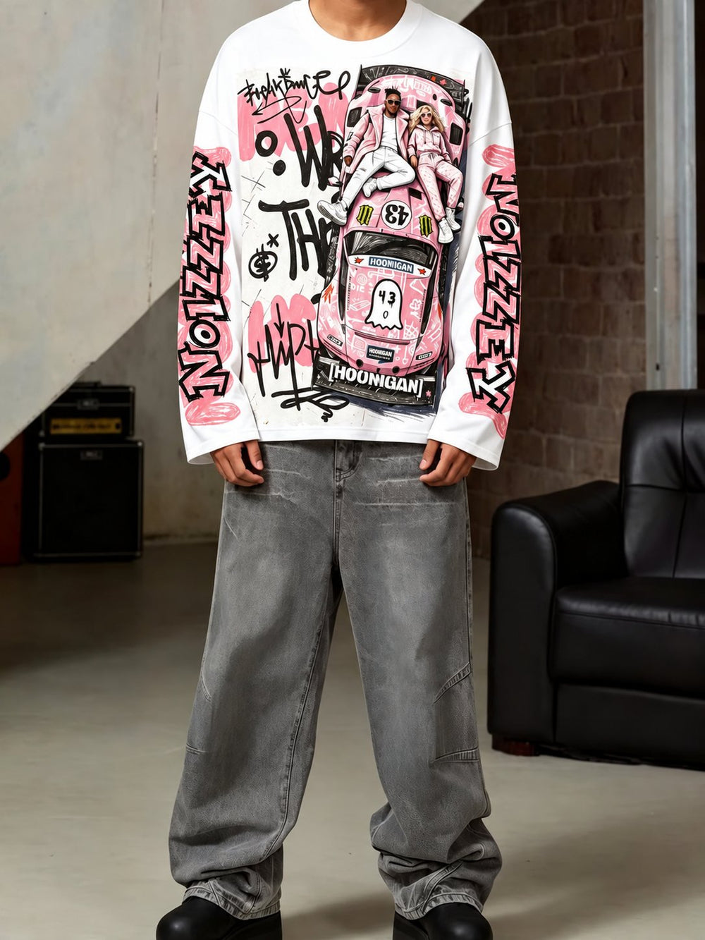 Pink Hoonigan Graffiti Beyaz Unisex Uzun Kollu Tişört