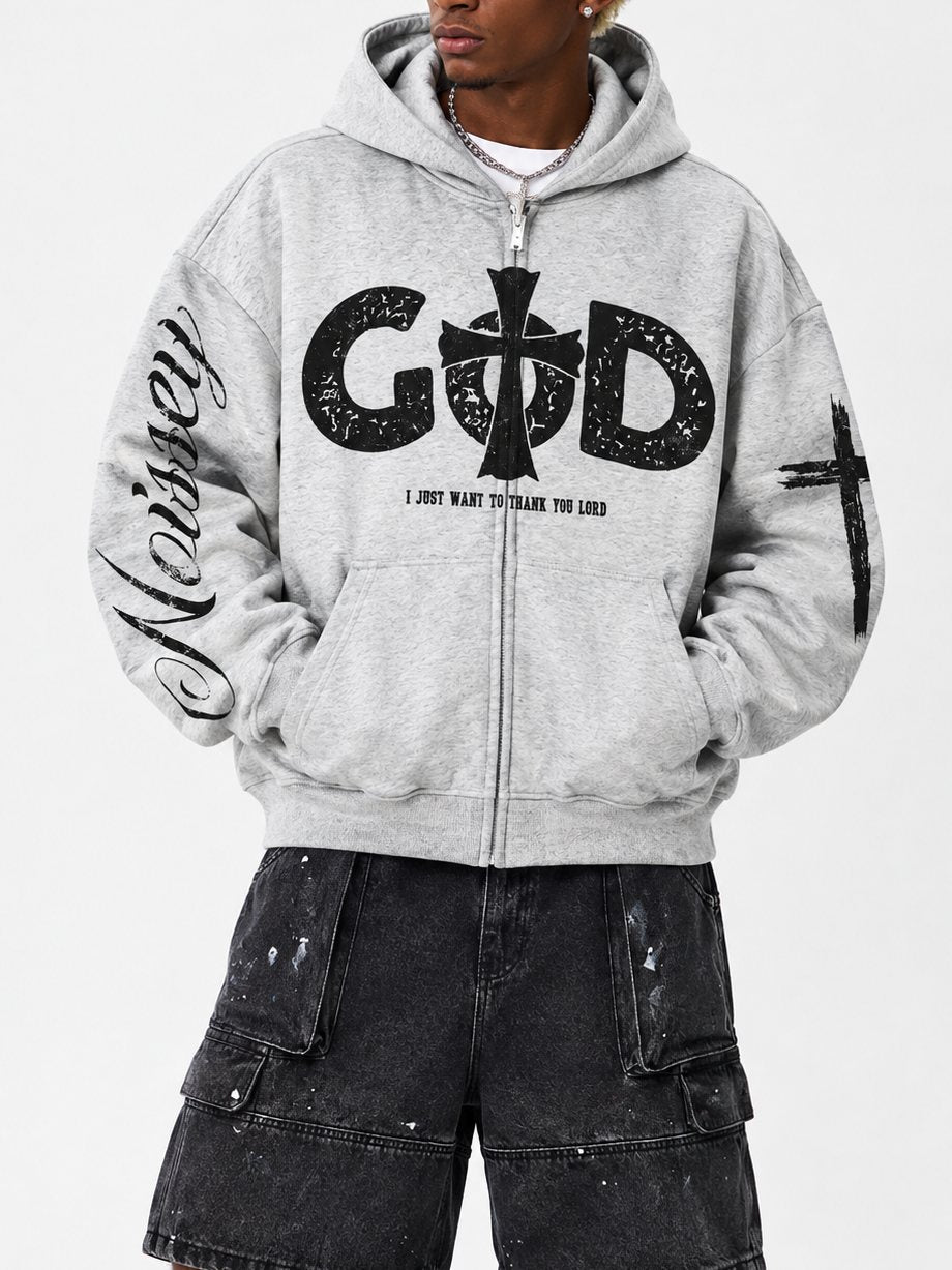 Eskitme Dini Haç Melanj Gri Unisex Fermuarlı Sweatshirt