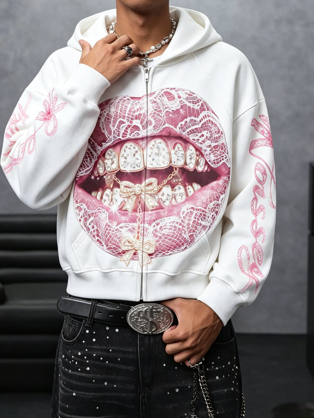 Pembe Fiyonk Dudak Beyaz Unisex Fermuarlı Sweatshirt