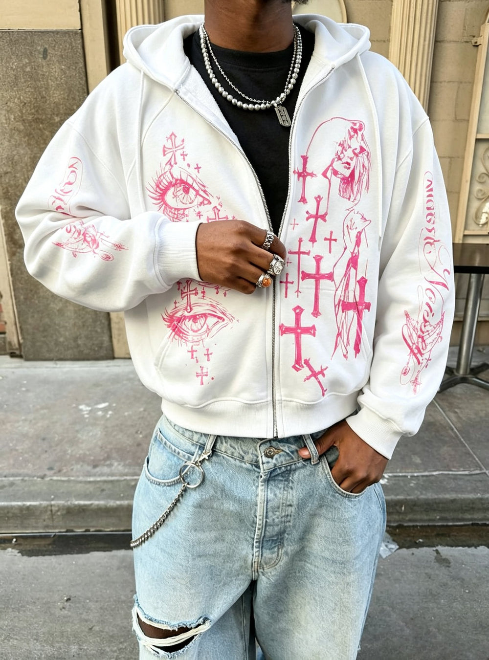 Pembe Haç Göz Beyaz Unisex Fermuarlı Sweatshirt