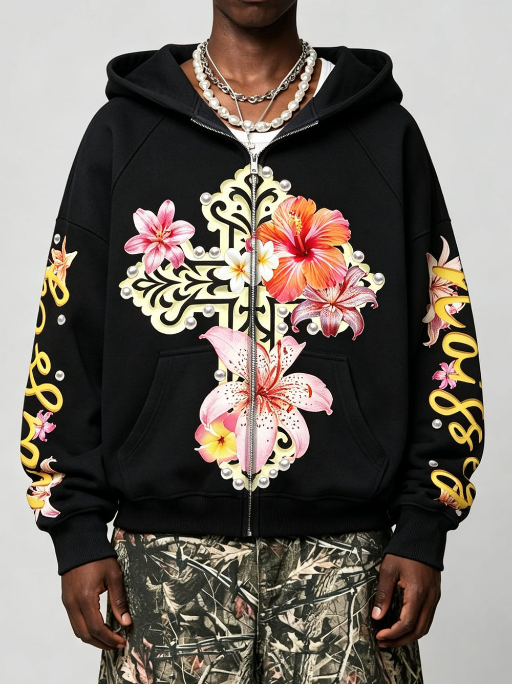 Çiçekli Haç Siyah Unisex Fermuarlı Sweatshirt