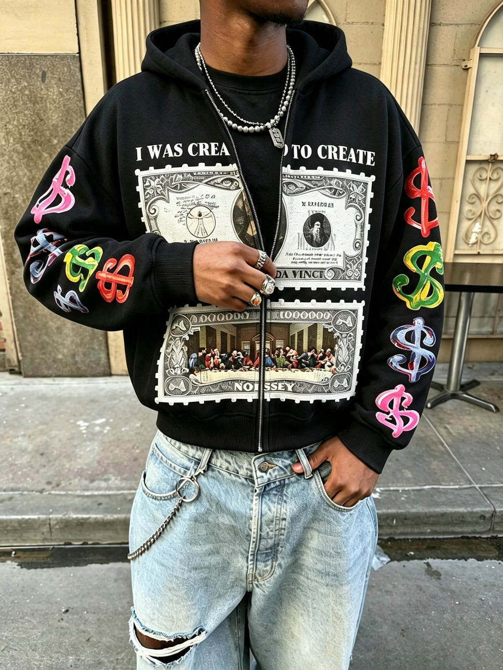 Da Vinci Dolar Siyah Unisex Fermuarlı Sweatshirt