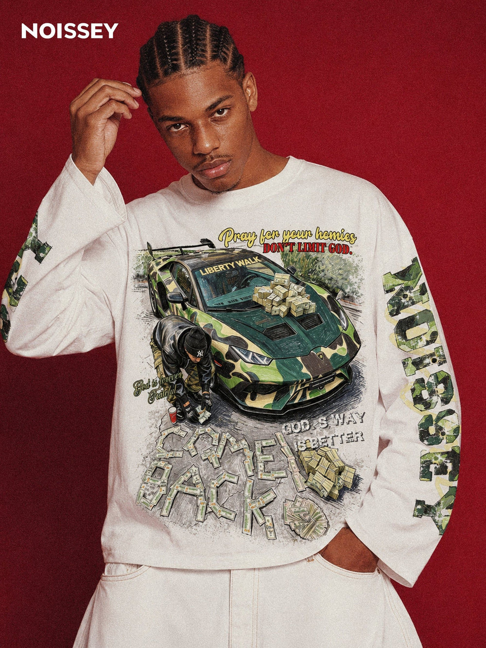 Camo Supercar & Cash Beyaz Unisex Uzun Kollu Tişört