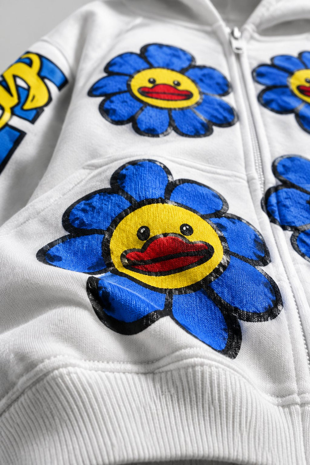 Mavi Çiçek ve Ördek Beyaz Fermuarlı Sweatshirt