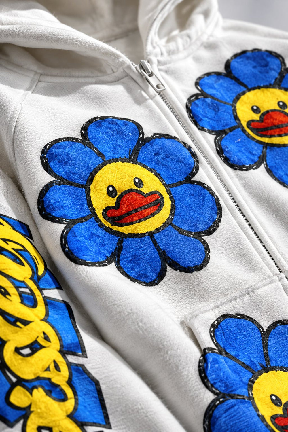 Mavi Çiçek ve Ördek Beyaz Fermuarlı Sweatshirt