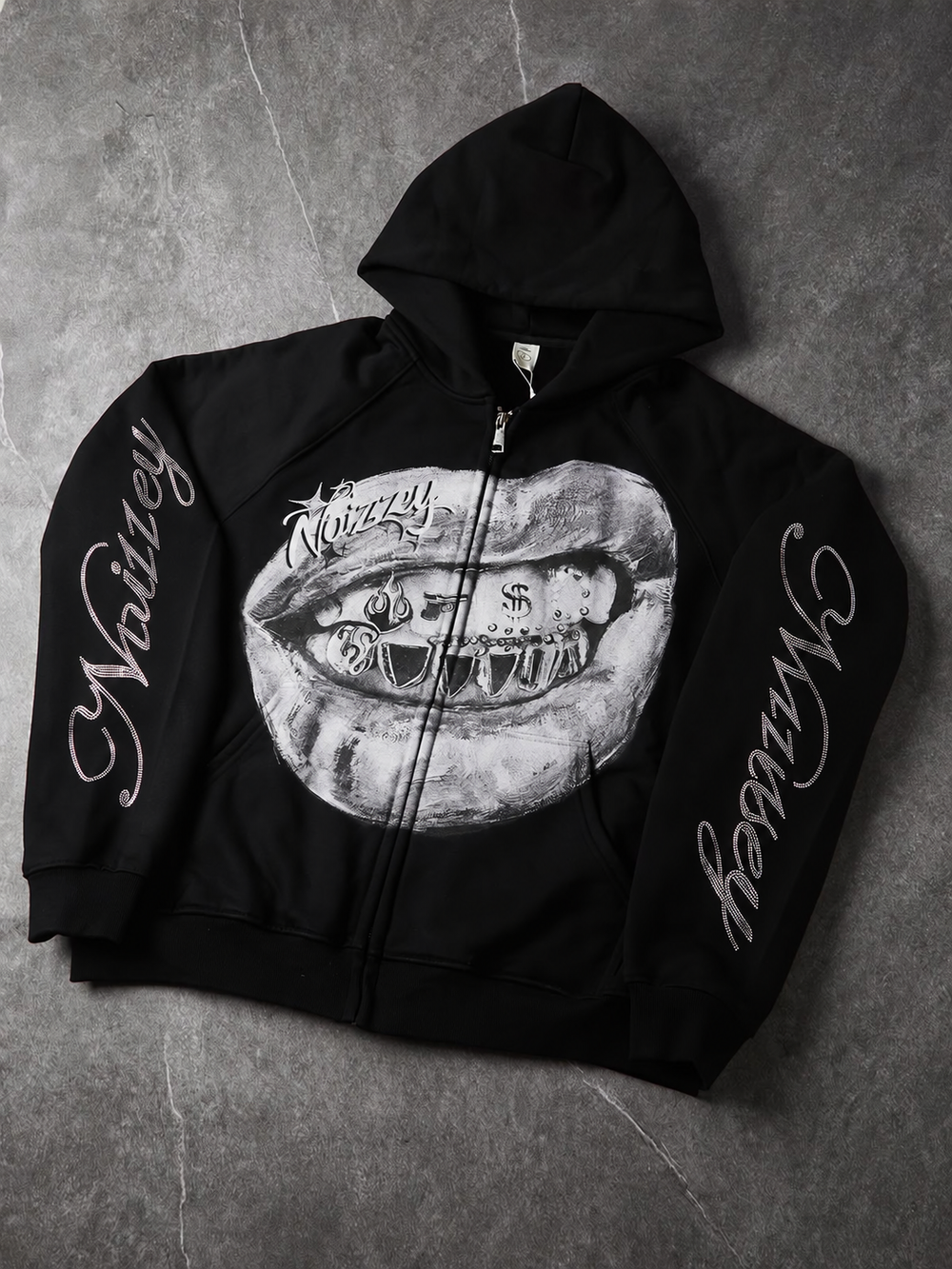 Metalik Grillz Siyah Unisex Fermuarlı Sweatshirt