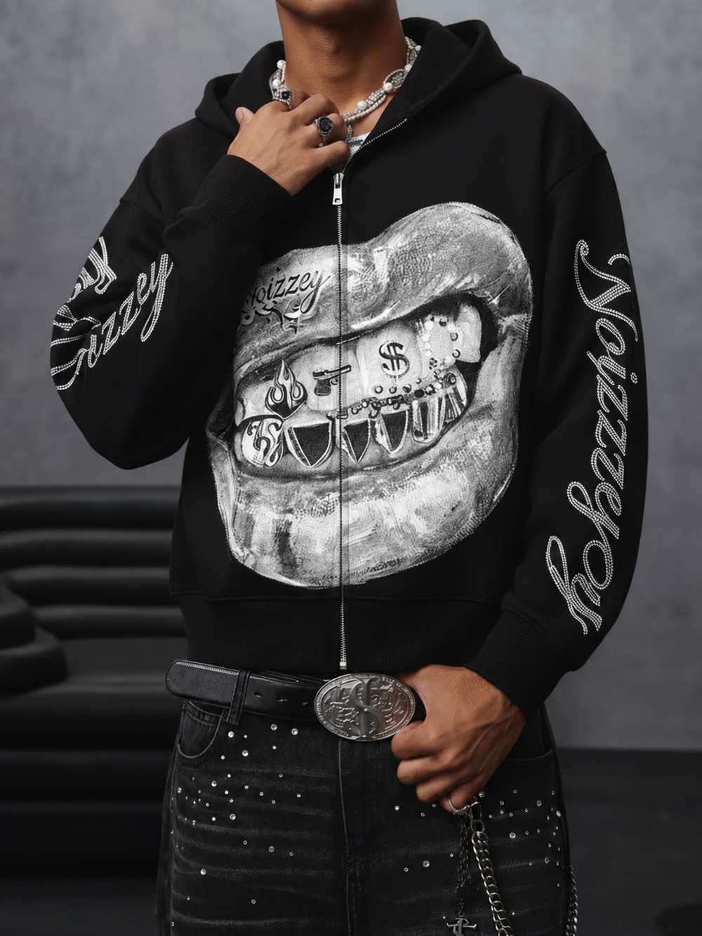 Metalik Grillz Siyah Unisex Fermuarlı Sweatshirt