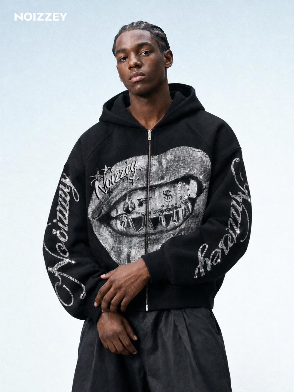 Metalik Grillz Siyah Unisex Fermuarlı Sweatshirt