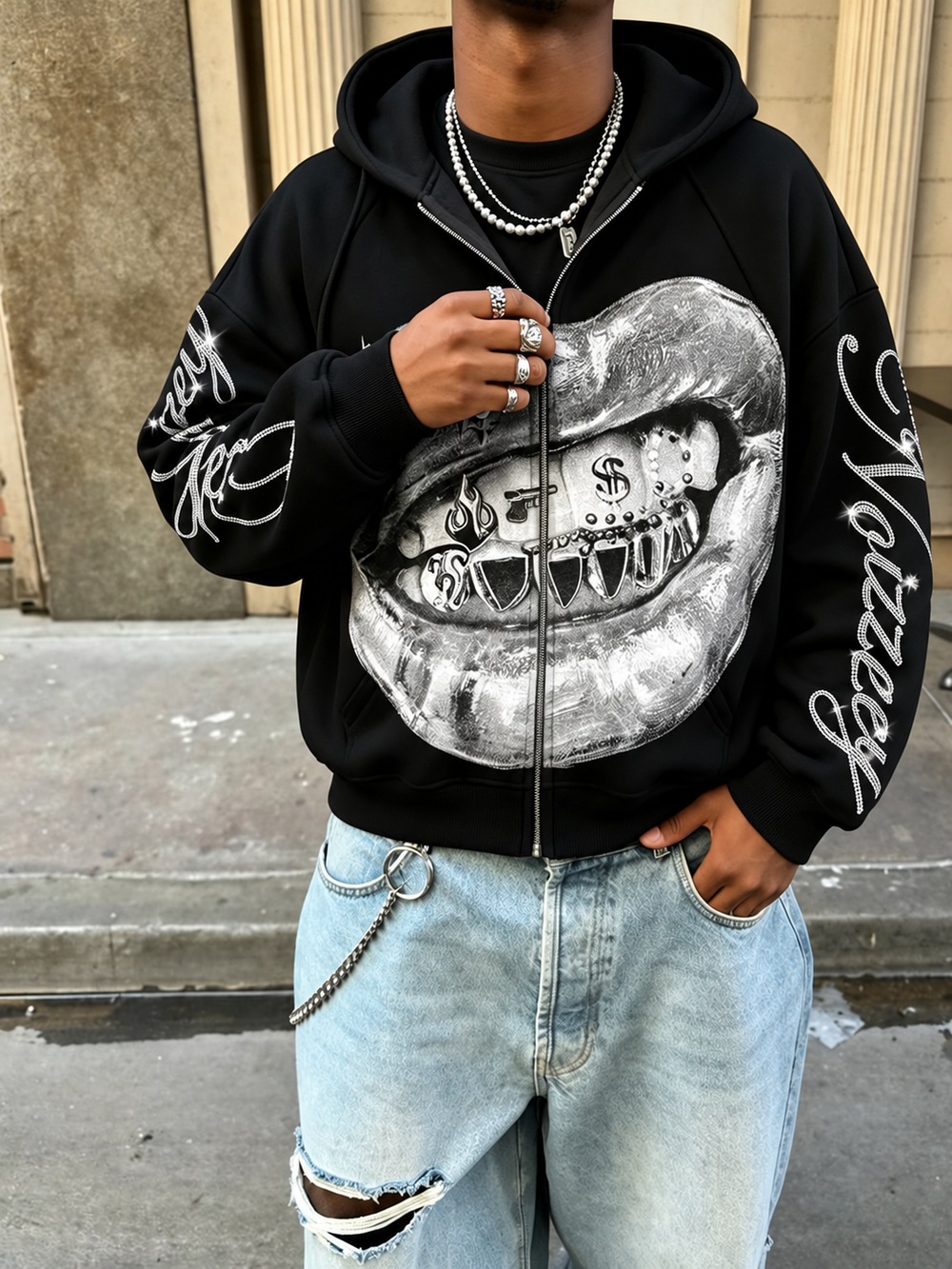 Metalik Grillz Siyah Unisex Fermuarlı Sweatshirt