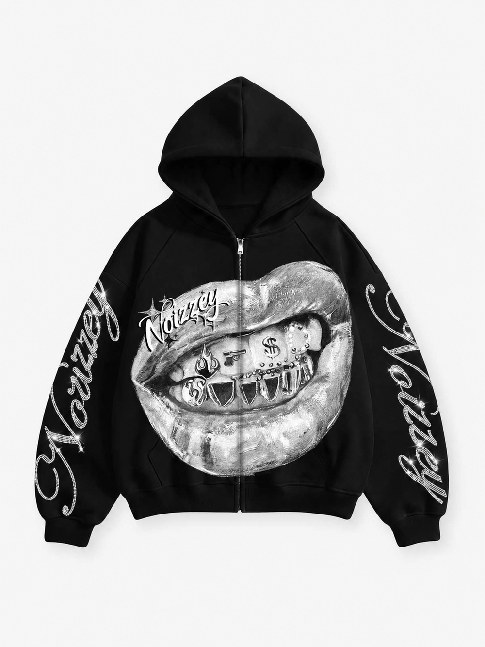 Metalik Grillz Siyah Unisex Fermuarlı Sweatshirt