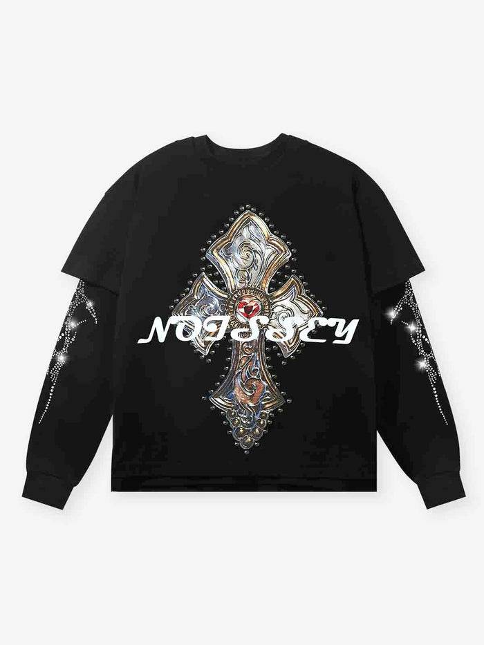 Çift Kollu Pırlanta Haç Unisex Uzun Kollu Tişört