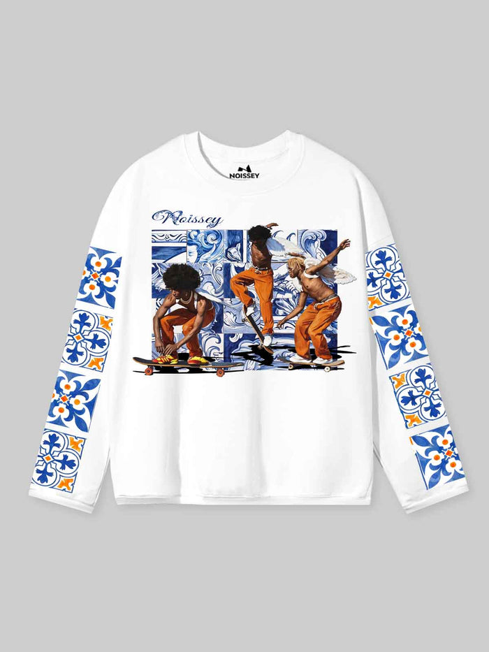 Mavi Kaykaycı Melek Beyaz Unisex Uzun Kollu Tişört