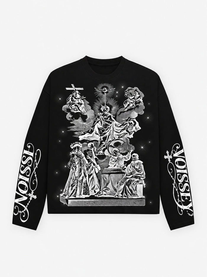 Monokrom Dini Gravür Siyah Unisex Uzun Kollu Tişört
