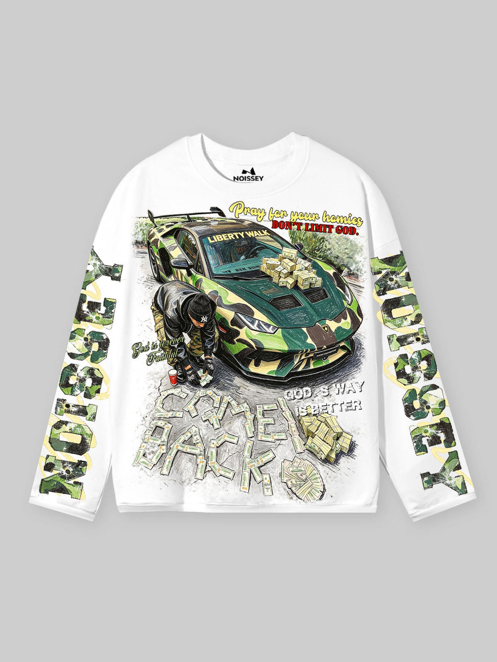 Camo Supercar & Cash Beyaz Unisex Uzun Kollu Tişört