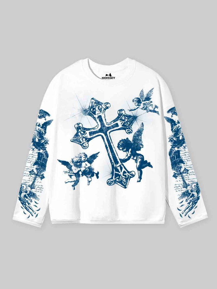 Blue Cross Angels Beyaz Unisex Uzun Kollu Tişört