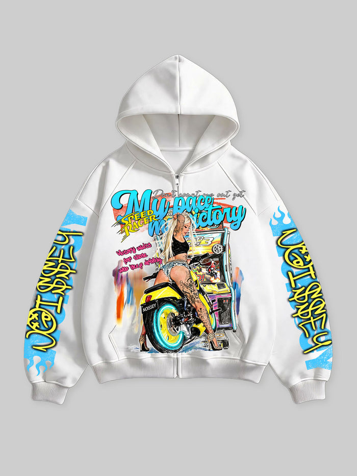 Yarışçı Kız Beyaz Unisex Fermuarlı Sweatshirt