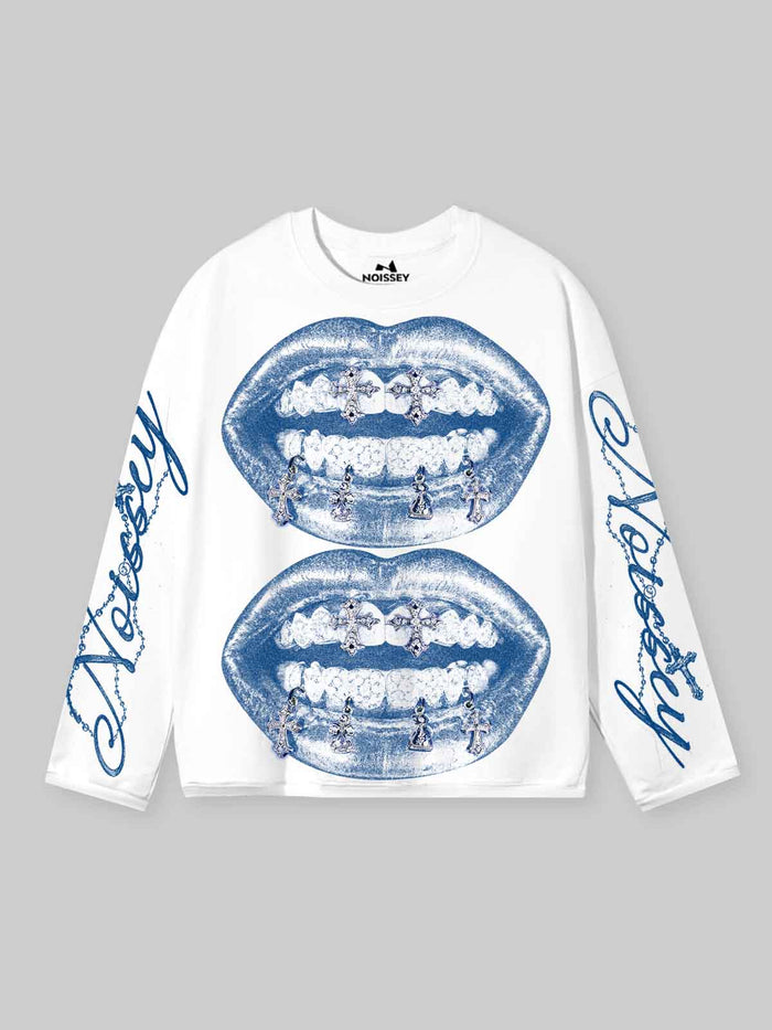 Vintage Blue Lips Unisex Uzun Kollu Tişört