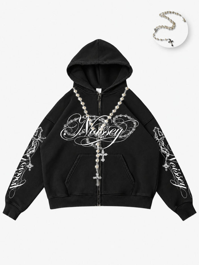 İnci Kolye Siyah Unisex Fermuarlı Sweatshirt