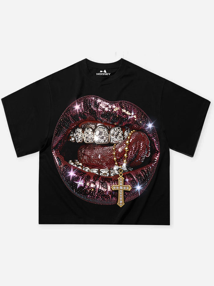Taşlı Haç Dudak Oniks Siyah Unisex Tişört