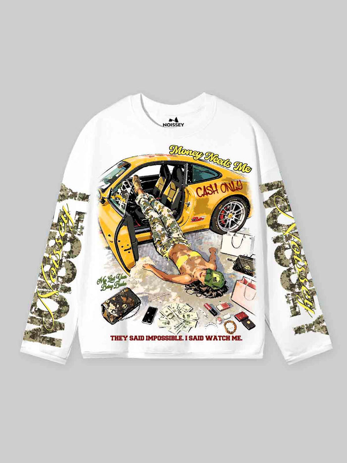 Money Needs Me Beyaz Unisex Uzun Kollu Tişört