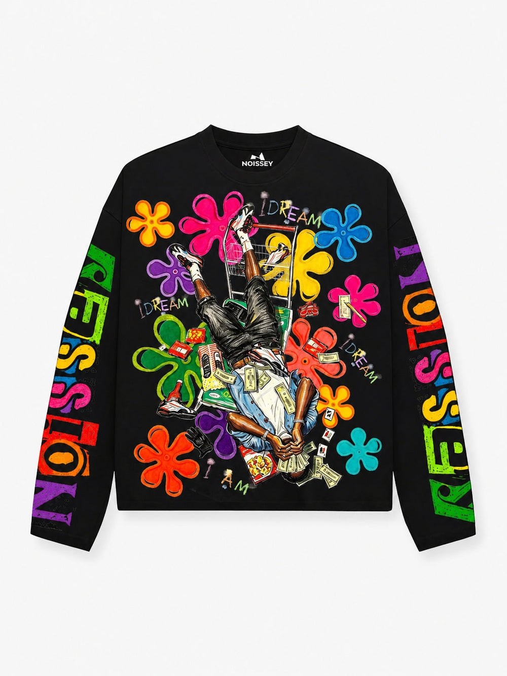 IDREAM Çiçekli Portre Siyah Unisex Uzun Kollu Tişört