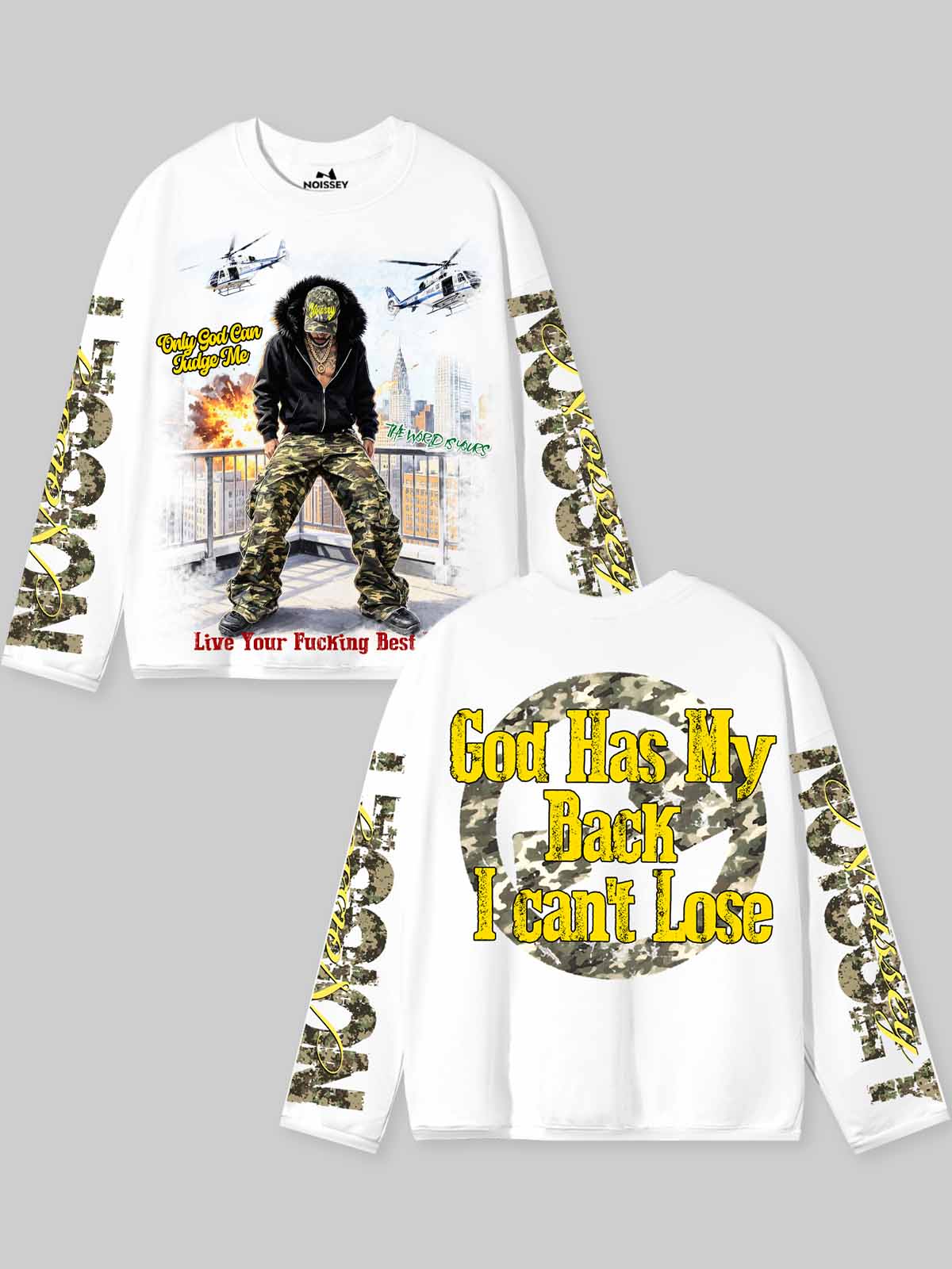 God Has My Back Beyaz Unisex Uzun Kollu Tişört