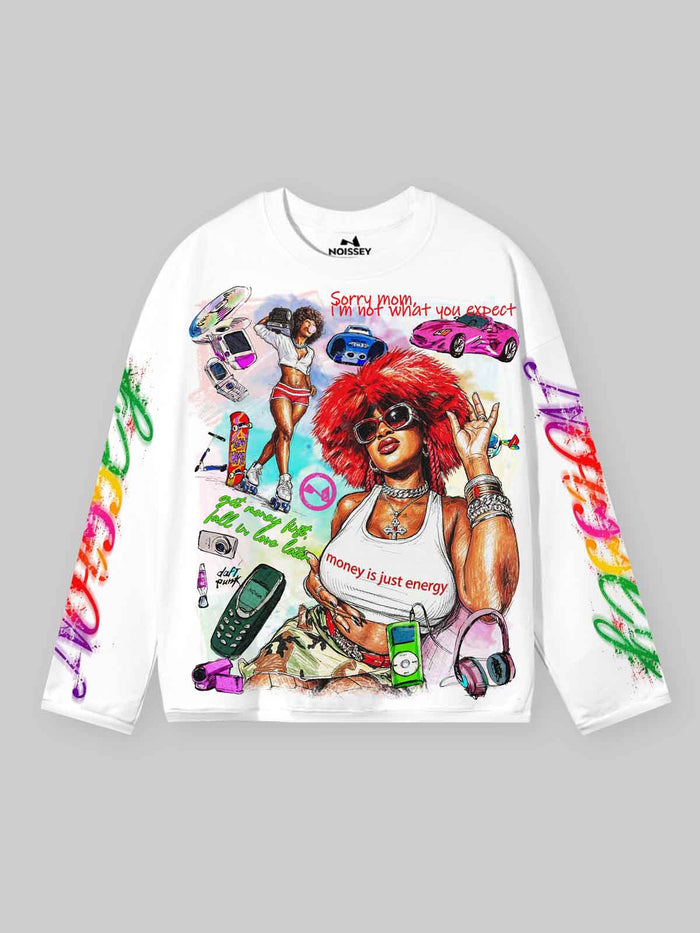 Retro Kadın Portre Unisex Uzun Kollu Tişört