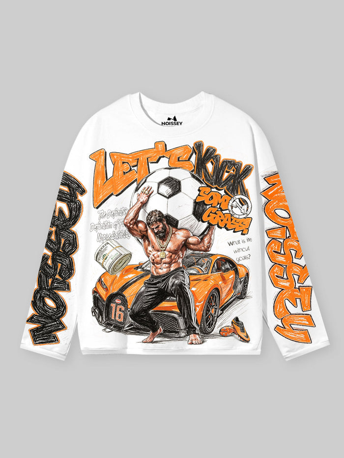 Turuncu Spor Araba Beyaz Unisex Uzun Kollu Tişört
