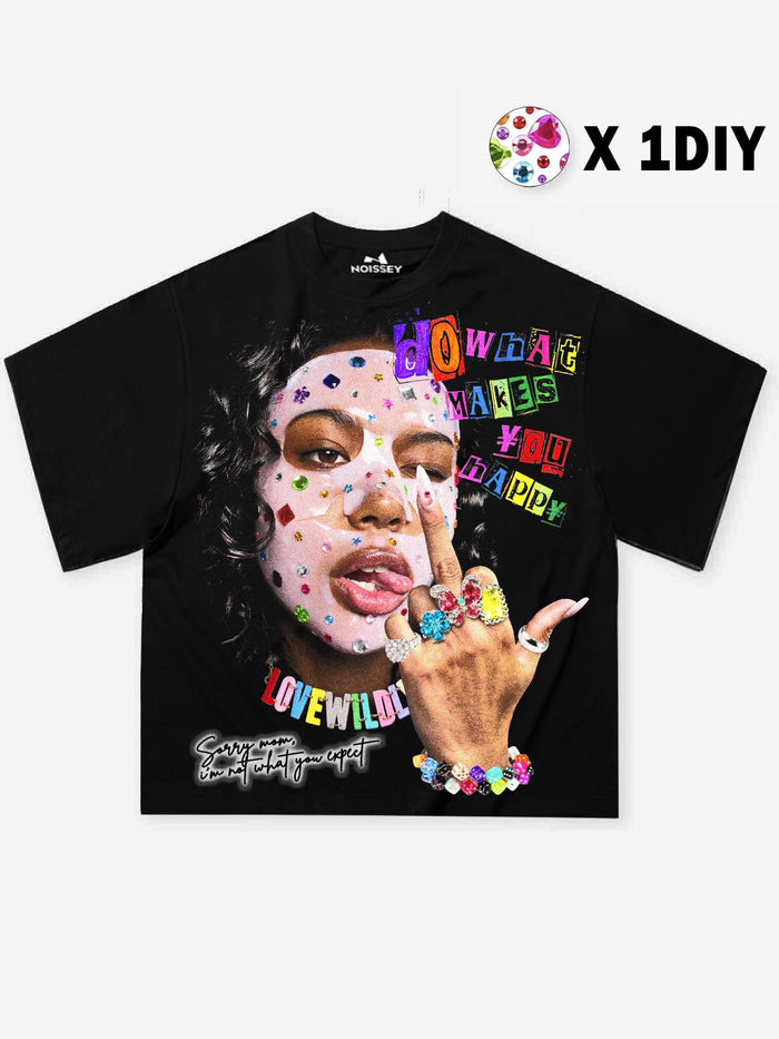Taşlı Maske Kolaj Siyah Unisex Tişört