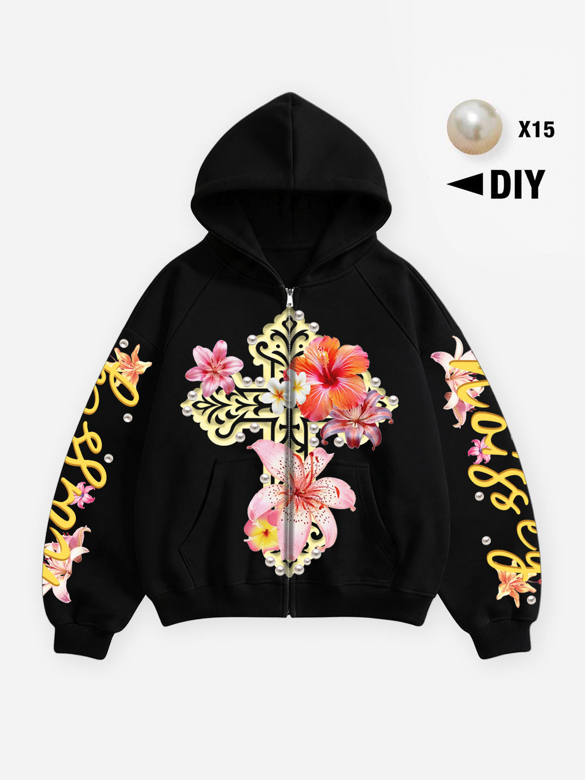 Çiçekli Haç Siyah Unisex Fermuarlı Sweatshirt