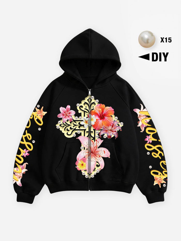 Çiçekli Haç Siyah Unisex Fermuarlı Sweatshirt