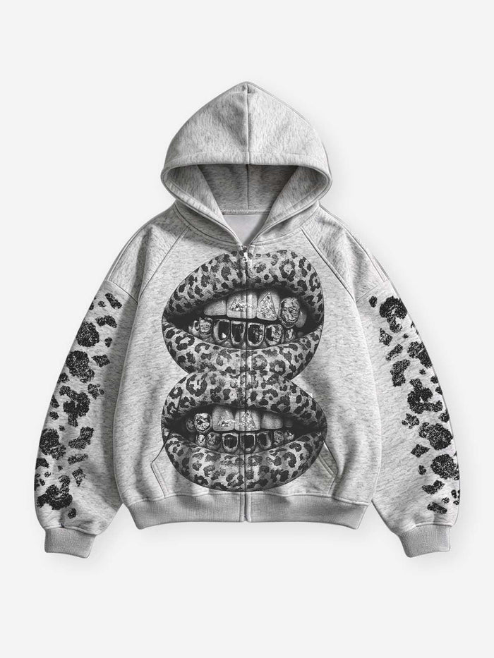 Double Leopard Lips Melanj Gri Unisex Fermuarlı Sweatshirt